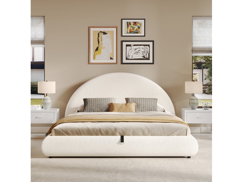  Lit coffre hydraulique douple place 180x200 cm, grand stockage, sommier à lattes, lit adulte et enfant, bouclé, blanc, sans matelas  - Conforama D