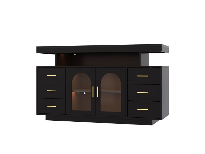 Meuble de rangement 140 x 40 x 82 cm éclairage led 6 tiroirs 2 portes vitrées étagère ouverte rangement à bouteilles de vin rangement spiritueux - Conforama E