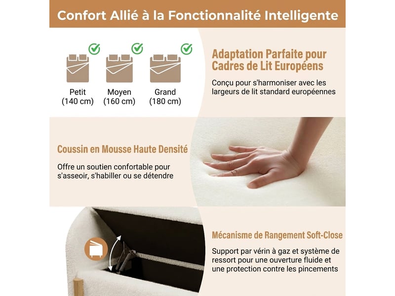  Banc de lit blanc 146 cm avec rangement, tissu bouclette, bout de lit  - Conforama D