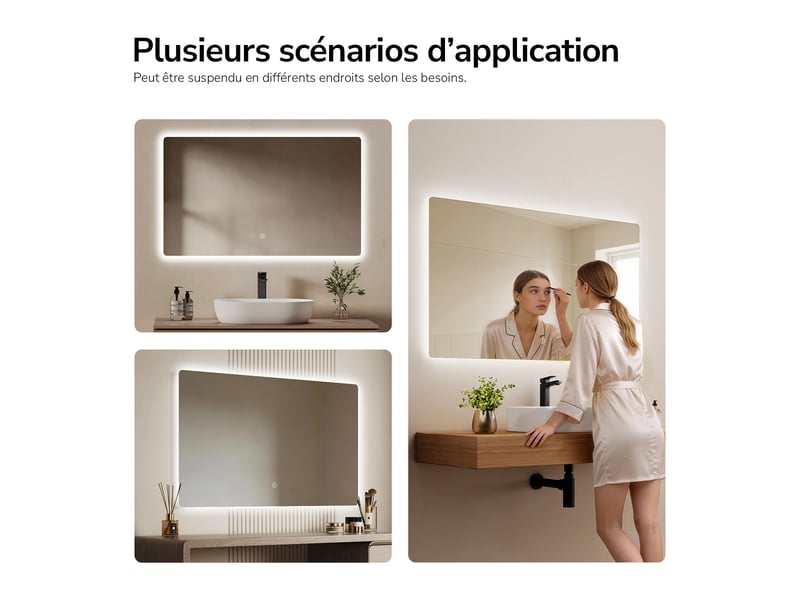  Emke miroir led salle de bain rétroéclairé 60 x 100 cm, interrupteur tactile, intensité réglable, fonction mémoire, blanc froid  - Conforama E