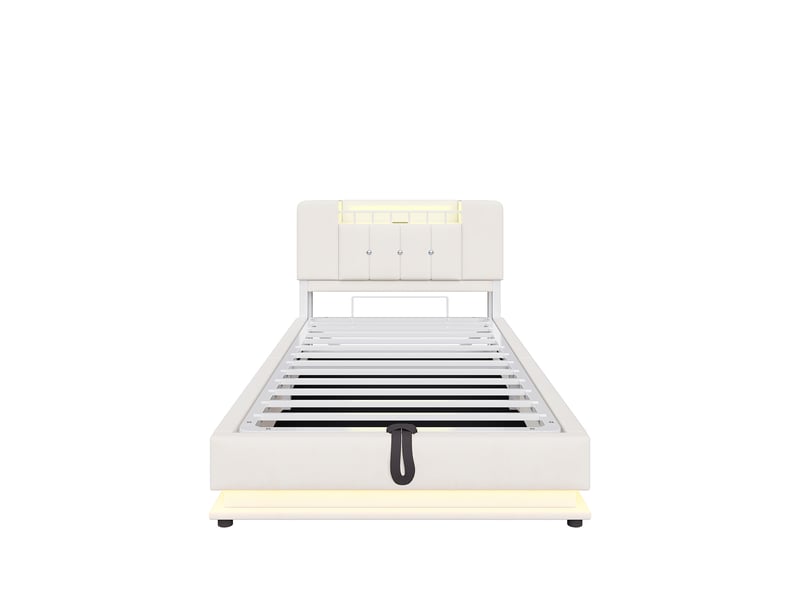  Lit enfant connecté velours beige 90x200 cm avec led, usb et rangement hydraulique  - Conforama A