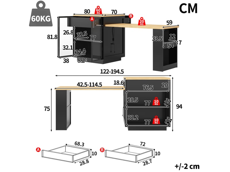  Îlot de cuisine extensible 122x70x94 cm avec rangement et led noir  - Conforama C