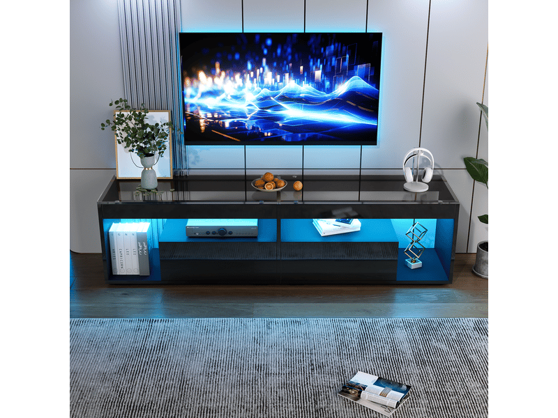  Meuble tv led noir brillant 180 cm pour tv jusqu'à 70 pouces avec 2 tiroirs et plateau en verre trempé  - Conforama E