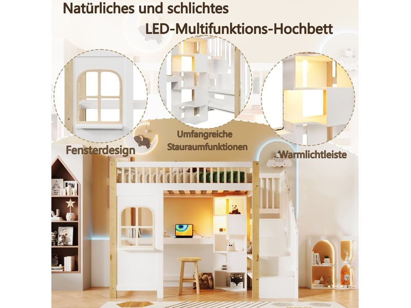  Lit mezzanine enfant 90x200 cm, maison et bureau intégrés, rangements, bois pin et mdf, blanc naturel, sans matelas  - Conforama D