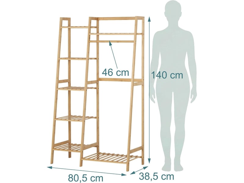  Porte-vêtements sur pied avec 7 étagères pour couloir chambre 140 x 80,5 x 38,5 cm en bambou bois naturel 13_0018929  - Conforama B