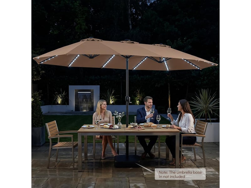  Parasol à 12 baleines (marron, 4,36 x 2,58 m, led, pied non inclus) | parasol rectangulaire avec manivelle, 144 led solaires, 12 modes  - Conforama C