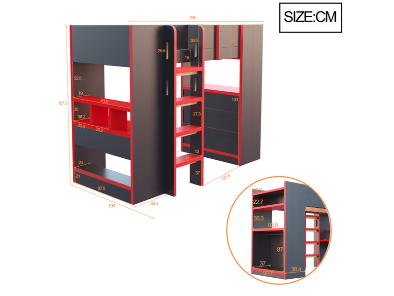  Lit mezzanine 90x200 cm avec bureau, prise intégrée et éclairage led, bois et mdf, coloris noir et rouge sans matelas  - Conforama C