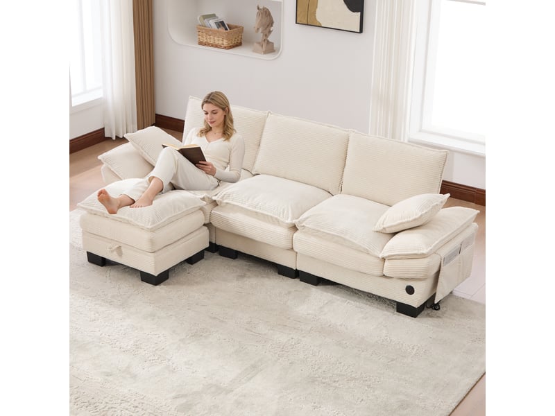 Canapé modulable, canapé 3 places – en velours tricoté, port usb, avec pouf, beige, mousse haute densité, poches latérales - Conforama C