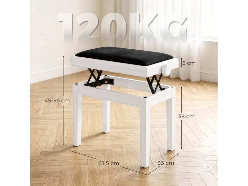 Tabouret de piano à hauteur réglable 61,5x33 cm – blanc et noir – assise rembourrée effet velours confortable - Conforama B