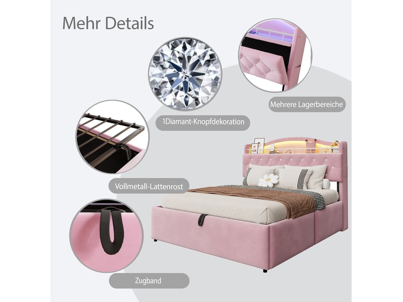  Lit coffre 140x200 cm, tête de lit led usb usb-c, rangement hydraulique, velours métal, 250 kg rose sans matelas  - Conforama D