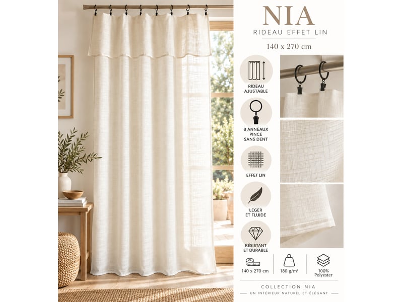 Rideau ajustable + 8 anneaux pince 140 x 270 cm polyester effet lin nia ivoire 15661 - Conforama C