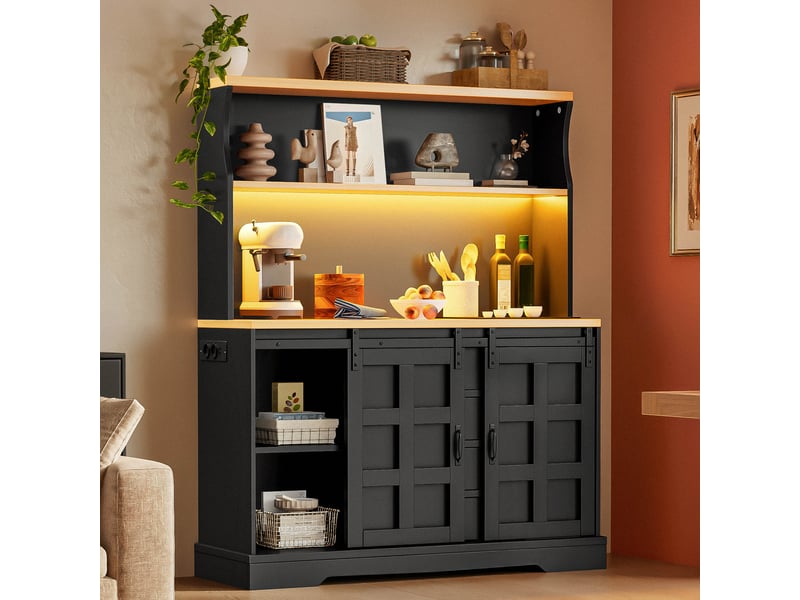  Buffet haut de cuisine 120 x 40 x 150 cm avec 2 portes coulissantes style grange, 4 tiroirs, led rgb, 2 prises, 2 usb, casier à vin, mdf  - Conforama B
