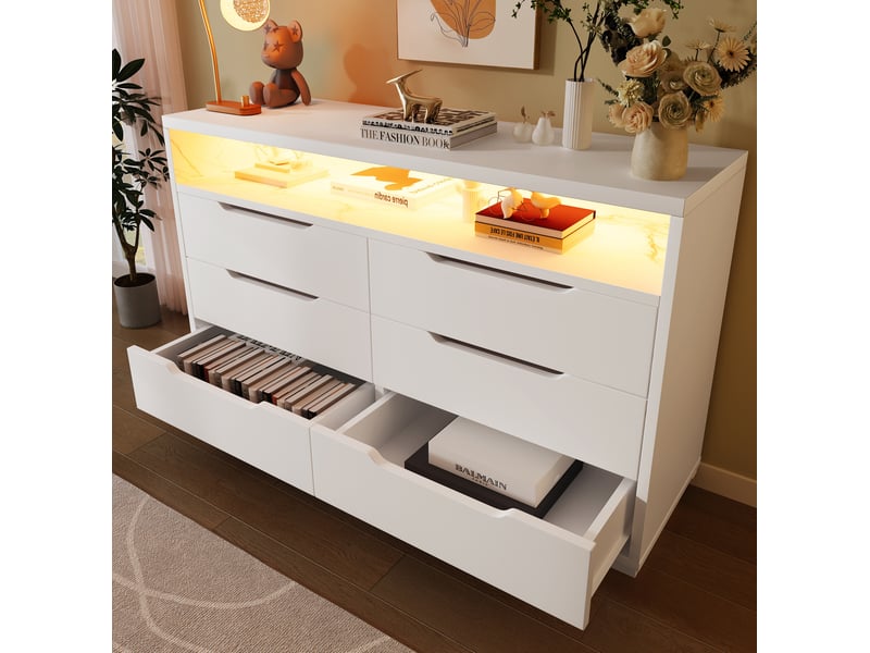  Buffet avec led et 6 tiroirs – blanc, 120 x 40 x 85 cm  - Conforama C