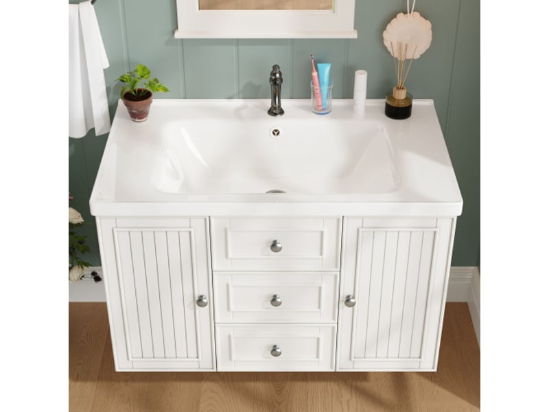 Meuble salle de bains suspendu 78,5 cm blanc avec vasque intégrée, 3 tiroirs et grand espace de rangement, style moderne - Conforama D
