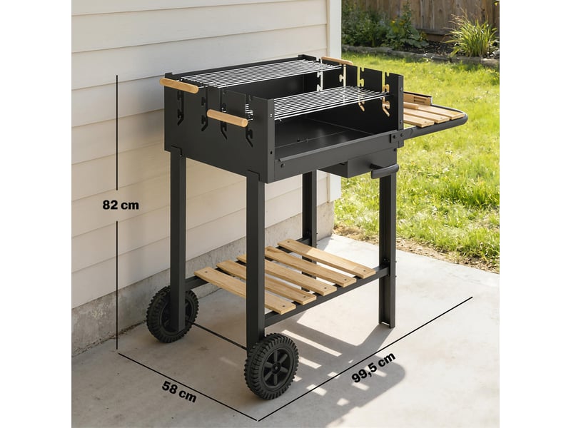  Chariot barbecue au charbon avec 2 grilles réglables, roues et tablette latérale, noir  - Conforama E