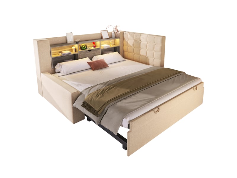  Lit gigogne 90x200 capitonné en lin beige avec led et ports usb - rangement intégré et sommier inclus  - Conforama A