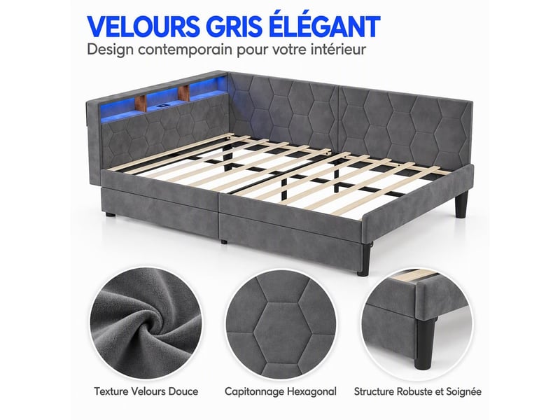 Canapé lit 2 places 140x200 avec lampe led et port usb, lit banquette capitonné avec 2 tiroirs, lit rembourré en l avec sommier à lattes, lit double pour adultes et adolescents, gris velours  - Conforama W
