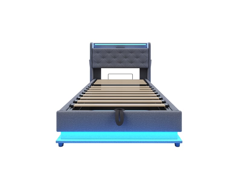  Lit enfant rembourré 90x200 cm, avec usb c et led, tête de lit relevable, coffre hydraulique, poches latérales, sans matelas, gris  - Conforama R
