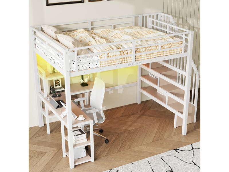 Lit mezzanine en métal 140x200 cm - avec bureau et échelle de rangement - port usb et éclairage led - blanc (sanas matelas)  - Conforama D