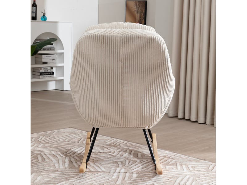  Tcqpz fauteuil à bascule 74x94x96 cm en velours côtelé beige, structure métal et bois  - Conforama E