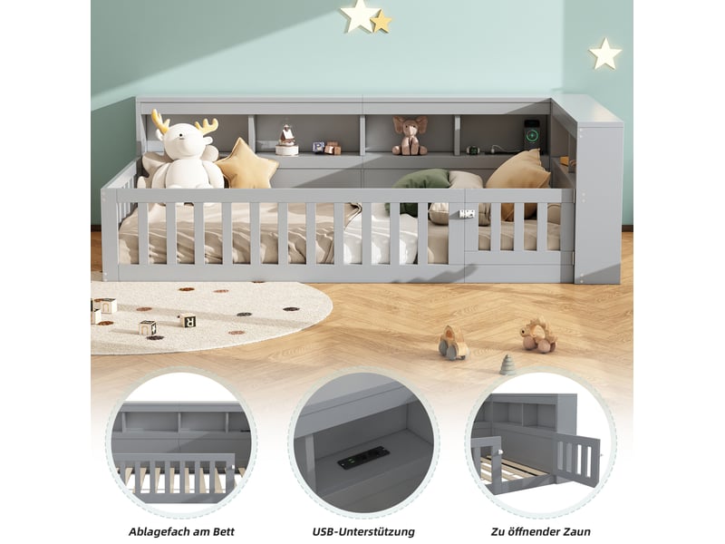  Lit simple 90x200 cm avec rangement, prises usb et barrière gris  - Conforama E