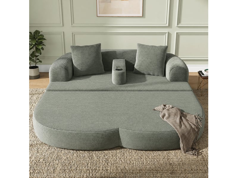  Canape droit pliant 2 places compressé, design 2-en-1, en mousse douce et velours côtelé couleur vert, design moderne  - Conforama E