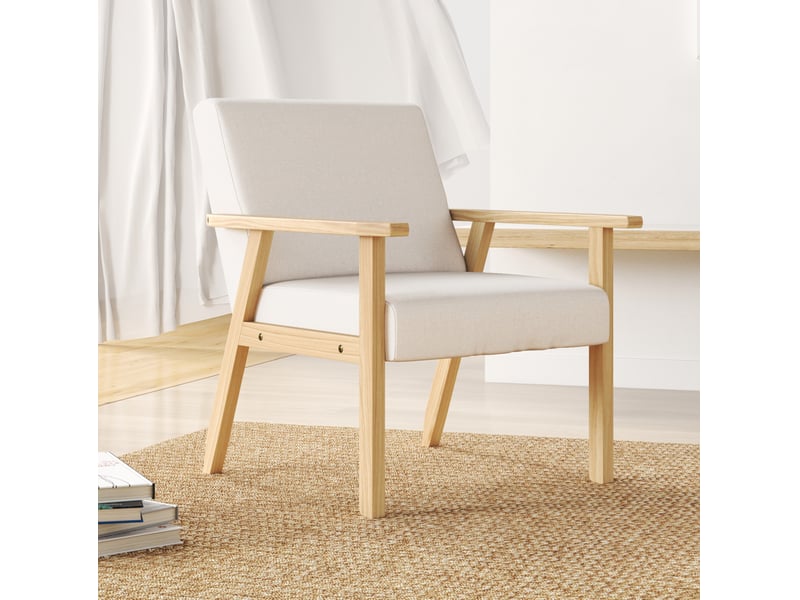 Fauteuil de détente avec accoudoirs et deux grands coussins, assise large et structure en bois, en lin blanc crème  - Conforama B