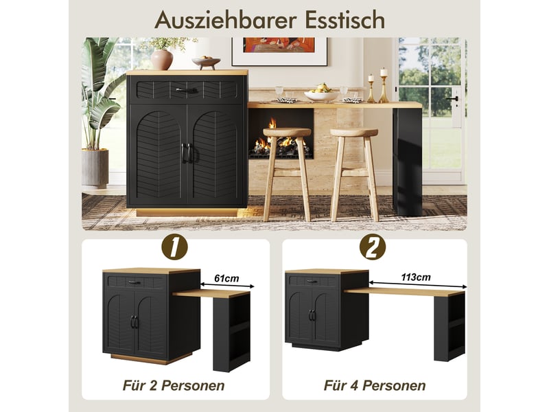 Îlot de cuisine led 60-113 × 70 × 95,5 cm, meuble bar avec table coulissante, desserte buffet fixe avec 2 tiroirs, 4 portes, noir ABC - Conforama D