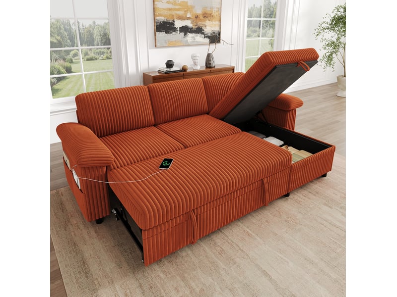  Canapé d’angle convertible modenvie 3 places avec méridienne réversible, coffre de rangement, usb type-c, velours côtelé orange 214 x 138,5 x 89 cm  - Conforama D