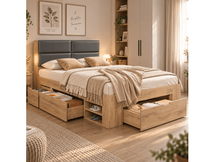 Lit double avec rangements 140x200, éclairage et ports usb homvra