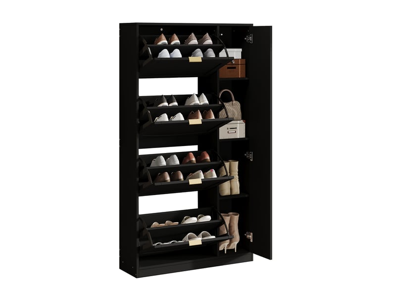  Meuble à chaussures avec miroir 80x24x147 cm, 4 abattants, noir, panneau de particules  - Conforama A