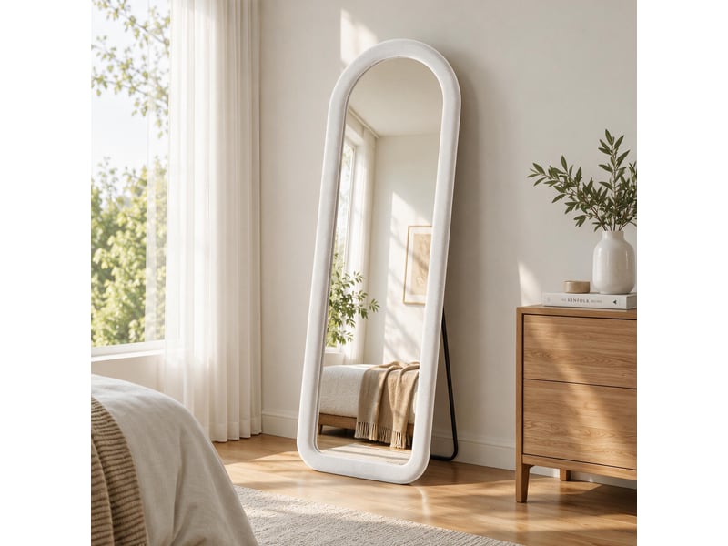  Miroir pleine longueur 160x50 cm, dressing rectangle arqué, pour chambre et salon, cadre en velours style romantique, avec pied u, blanc  - Conforama C