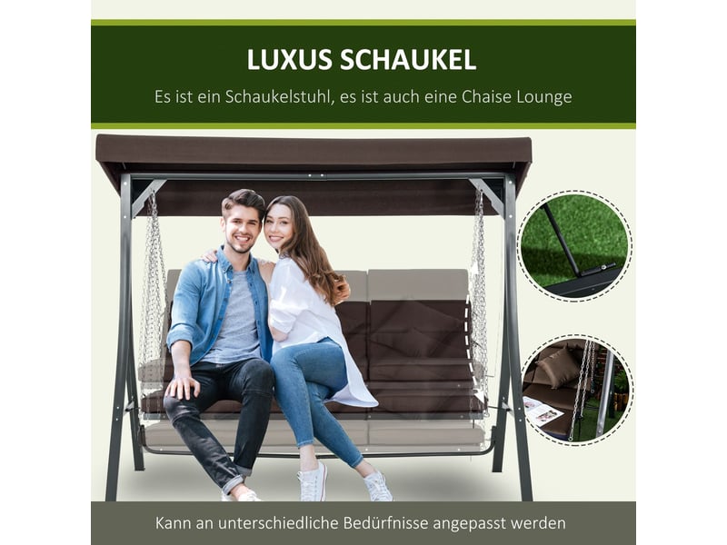  Banc de jardin 3 places, banc d'extérieur balancelle avec toit pare-soleil réglable, coussins, métal et texteline, 270 kg, marron  - Conforama D