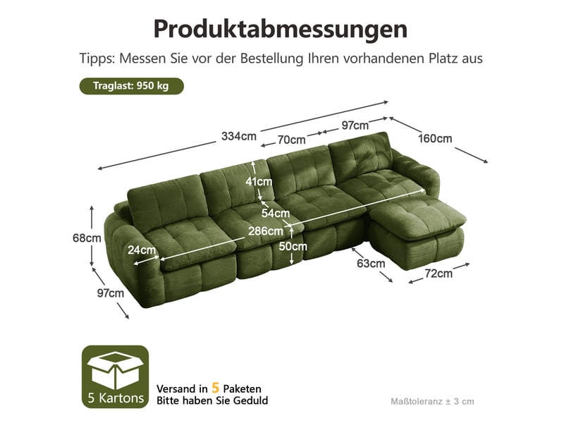  Canapé d'angle modulable 4 places sans cadre avec ottoman, assises larges et profondes en chenille verte  - Conforama C
