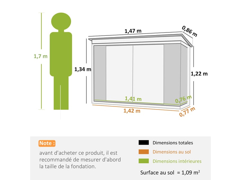  Abri de jardin 147 x 86 x 134 cm double porte verrouillable toit incliné robuste contemporain en tôle d'acier gris clair 21_0004184  - Conforama B