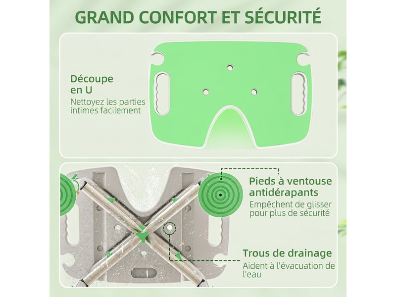  Tabouret de douche - siège de douche avec barre d'appui ventouse - hauteur réglable - alu hdpe vert blanc  - Conforama E