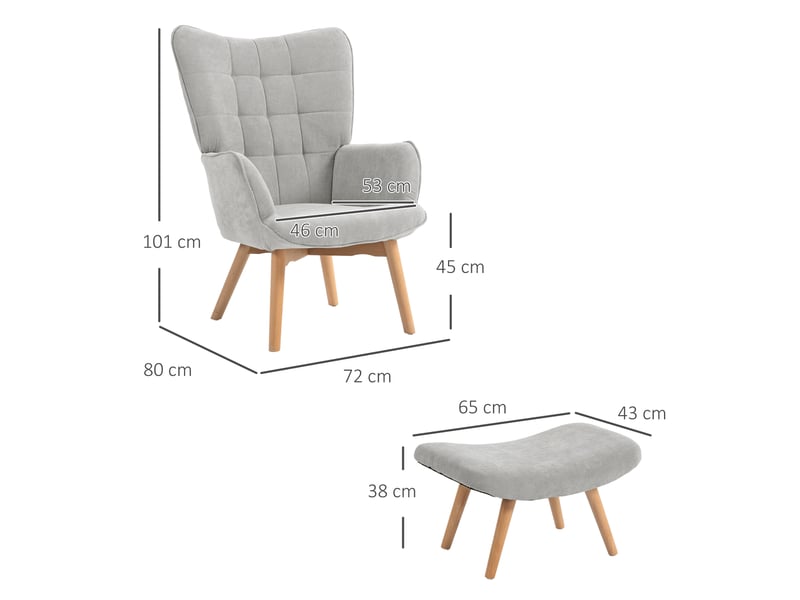  Fauteuil avec repose pied, dossier haut, pour salon chambre à coucher gris, pieds en bois et tissu aspect velours côtelé  - Conforama C