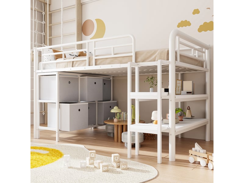 Lit mezzanine bas enfant 90 x 200 cm blanc en métal avec escalier large, coins arrondis, tiroirs, étagères et rangements gain de place - Conforama B