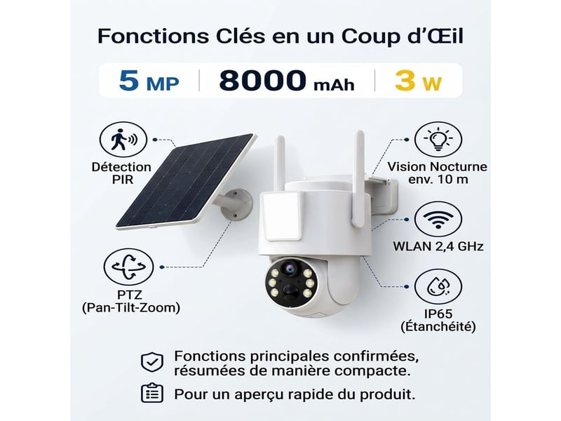  Caméra de surveillance extérieure solaire 5 mp ptz sans fil wifi – caméra ip motorisée 360° avec batterie 8000 mah, panneau solaire 3w, projecteur led et vision nocturne ip65  - Conforama D