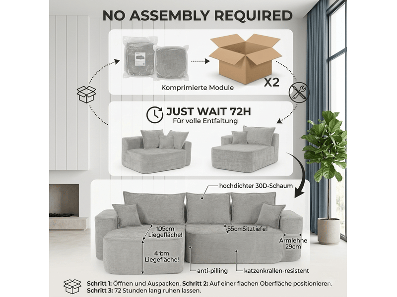  Canapé d'angle modulaire modenvie 4 places en chenille gris 262 x 144 x 65 cm  - Conforama E