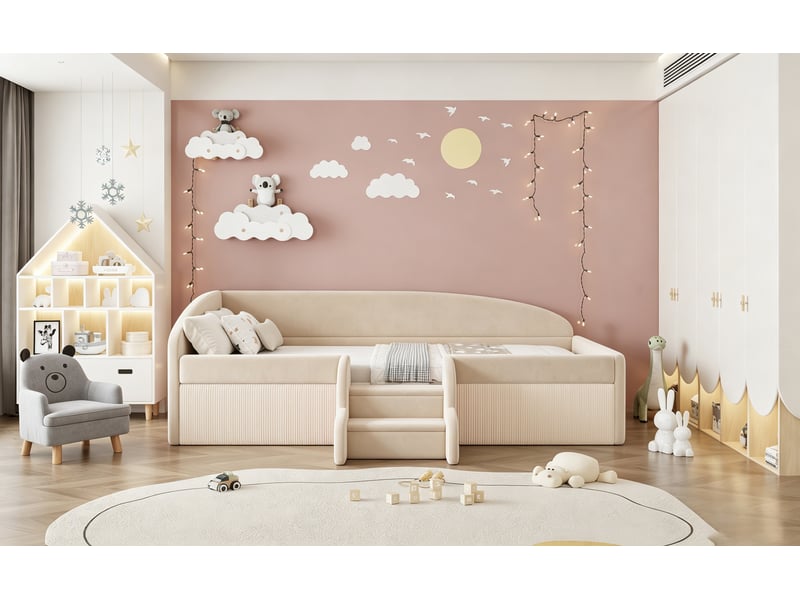  Canapé-lit 90x190 cm, lit enfant, velours beige, barrière antichute  - Conforama E