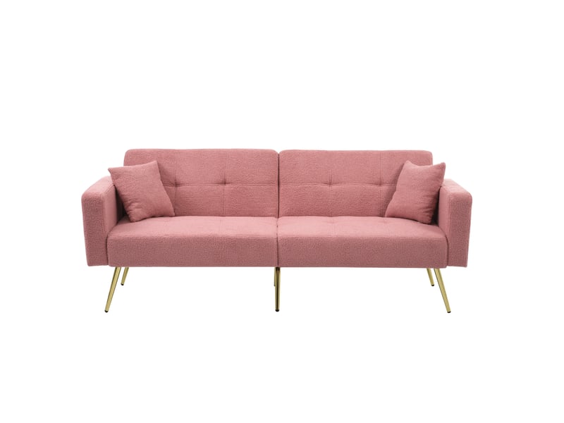 Canapé droit convertible 2 places 175 cm rose en sherpa, dossier 3 positions, poches latérales et pieds dorés Fay Lum - Conforama A