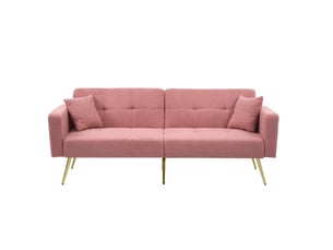 Canapé droit convertible 2 places 175 cm rose en sherpa, dossier 3 positions, poches latérales et pieds dorés