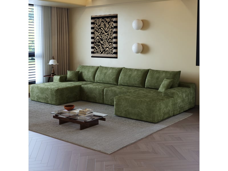  Canapé d'angle, canapé modulable, livré monté, design moderne, 340 cm, pour salon, chambre, appartement, assise profonde, vert  - Conforama E