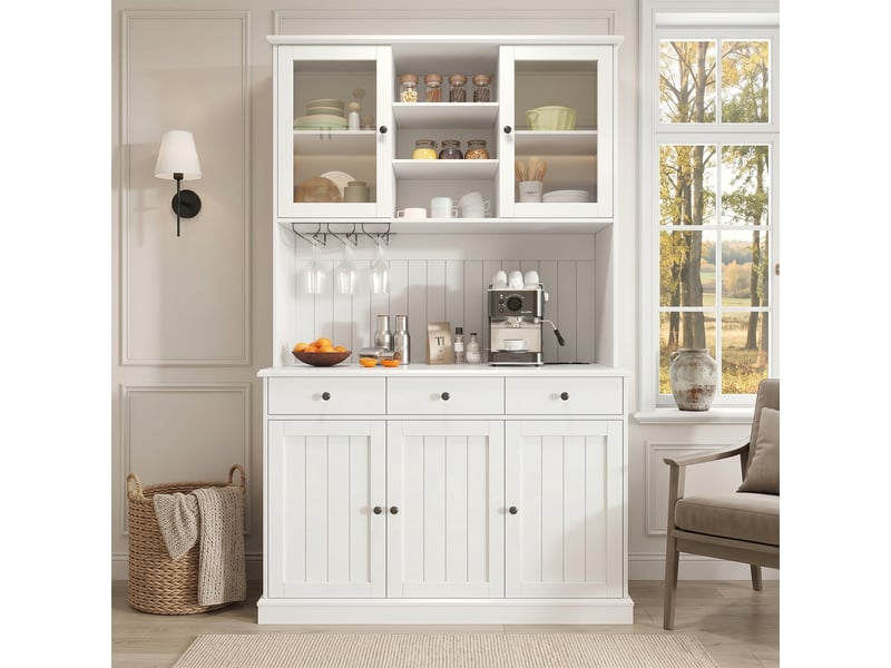  Buffet haut blanc avec portes vitrées et prises 120 x 40 x 191 cm Fay Lum - Conforama D