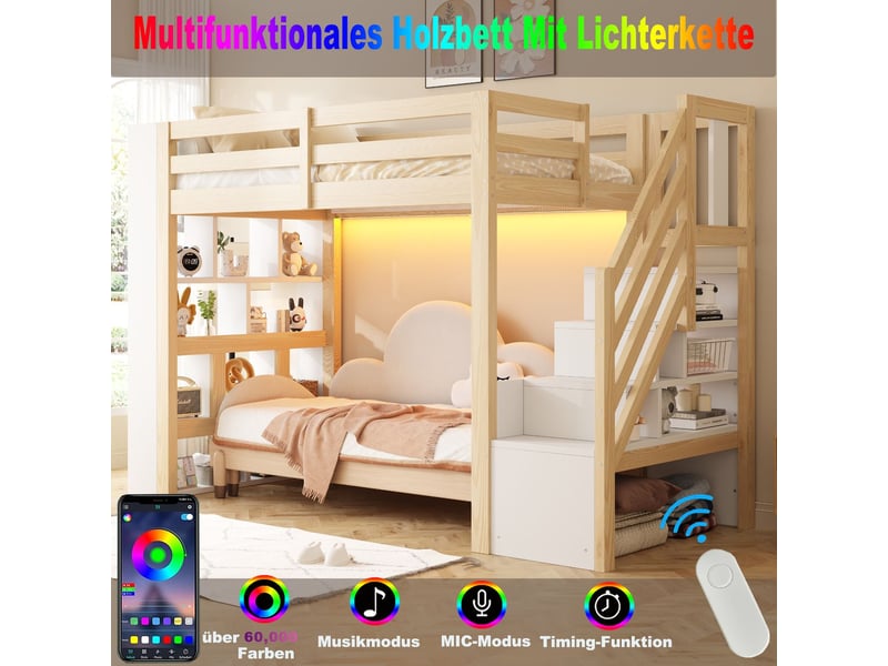  Lit superposé 90 x 200 cm structure en bois planches de rangement barrière de sécurité échelle de rangement éclairage led finition couleur bois  - Conforama D