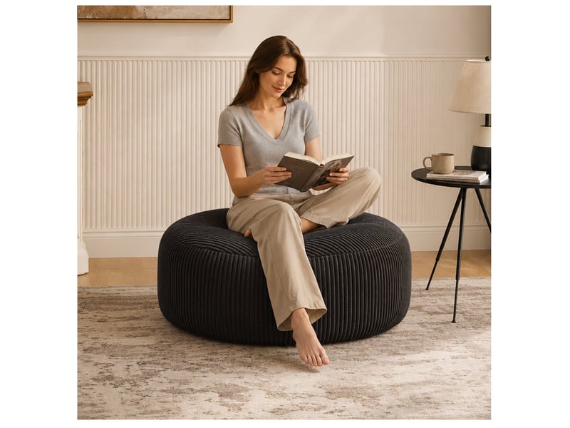  Fauteuil pouf rond à mousse à mémoire de forme, assise souple en velours côtelé noir, 100 × 100 × 50 cm  - Conforama C
