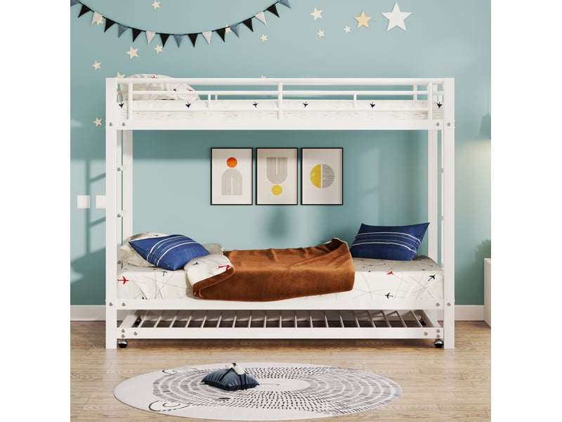 Lit superposé enfant 90x200 cm en métal blanc avec lit gigogne et garde-corps - Conforama D