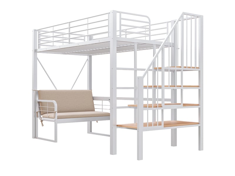  Lit superposé métal blanc 90x200 cm, canapé rembourré amovible, rangement et escalier sécurisé  - Conforama D