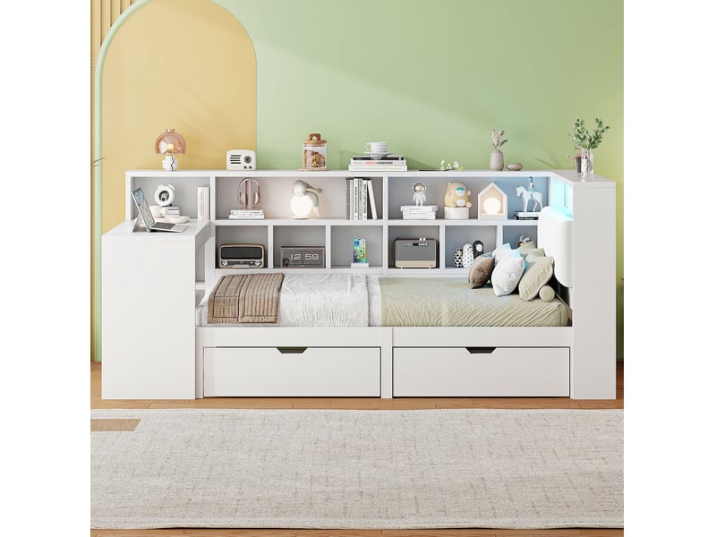 Lit enfant 90x200cm bureau intégré tiroirs tête capitonnée led mdf contreplaqué, tissu lin blanc sans matelas - Conforama B